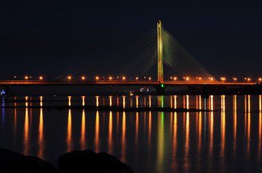 güzel ışıklı Pivdennyi köprüden Dnipro Nehri'nin gece, Kiev, Ukrayna