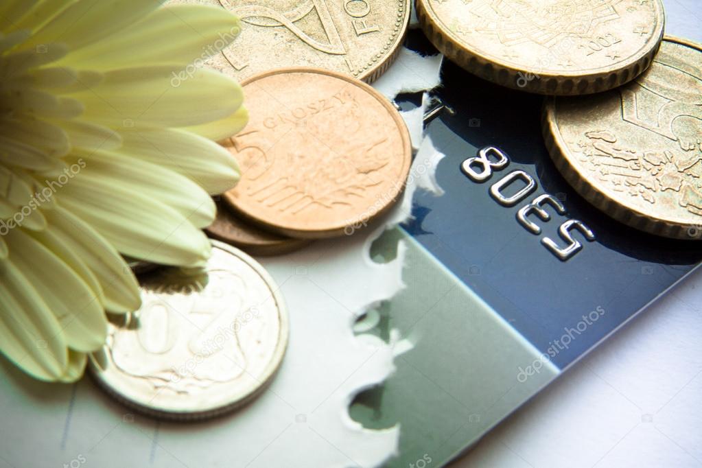 Romantic flower, credit card and coins on a white background
