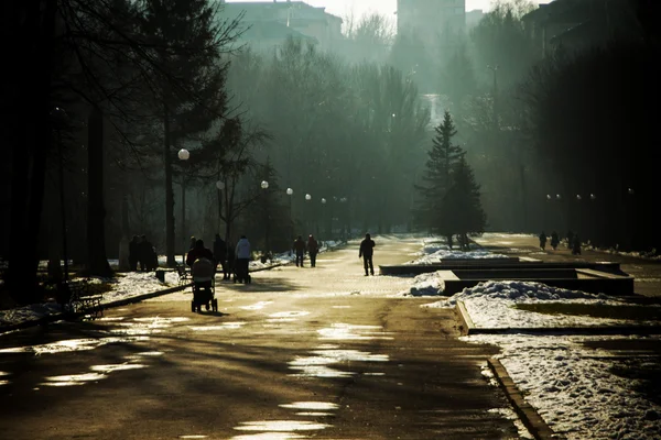 Az emberek séta a parkban, kora tavasszal — Stock Fotó