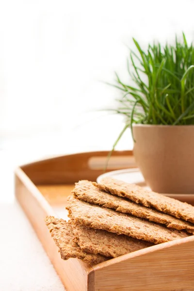 Tray with crispbreads and cup of grass isolated on white — Stock Photo, Image