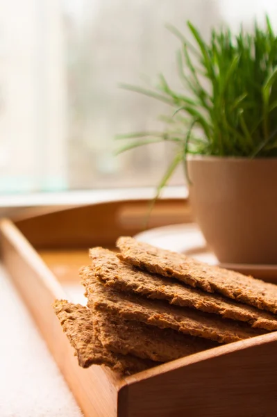 Tray with crispbreads and cup of grass — Stock Photo, Image