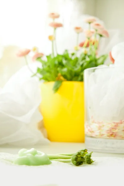 Crème naturelle pour le visage et pétales de fleurs. Spa — Photo