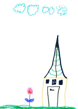 Çocuğun boya ev, çiçek ve bulutlar