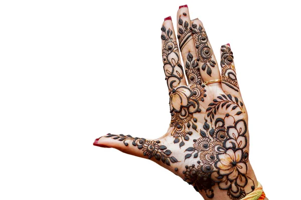 Mão Noiva Com Tatuagem Henna Isolada Branco — Fotografia de Stock