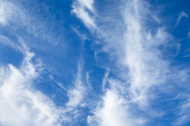 İnce, tüylü bulutlar uçsuz bucaksız mavi gökyüzüne yayılarak dinamik ve havadar bir atmosfer yaratıyor.