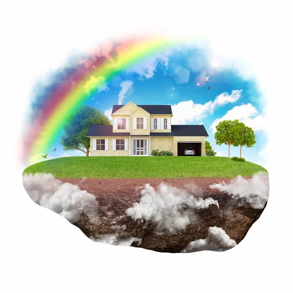 House with background of sky with rainbow — Stock Photo, Image