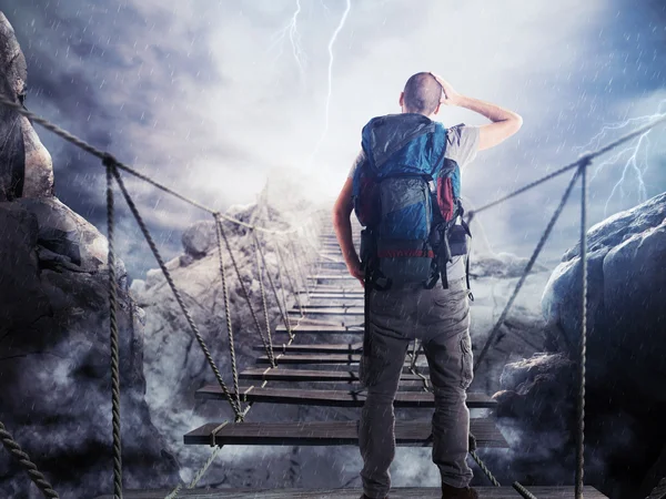 3D Rendering of explorer on crumbling bridge — Stock Photo, Image