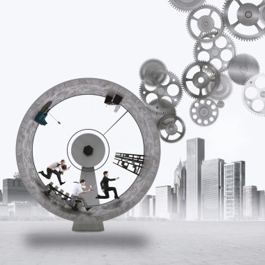 bir tekerlek içinde gears ile çalışan iş adamları