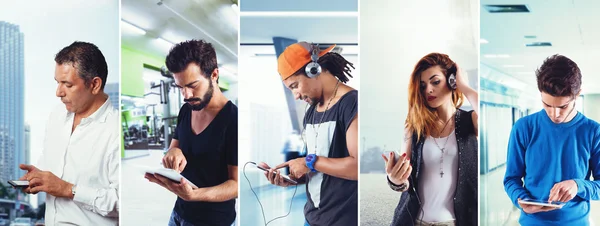 Män och kvinna som använder elektroniska apparater — Stockfoto