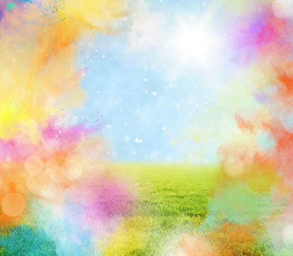 Pó colorido com gramado e luz solar — Fotografia de Stock