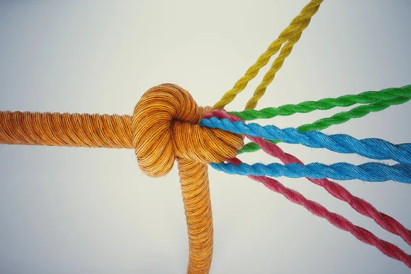 Colored ropes tied together with a knot — Stock Photo, Image