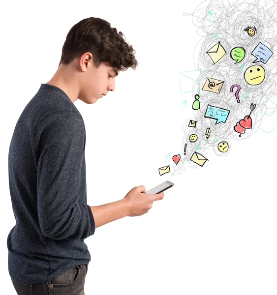 Teen boy writes on screen — Stock Photo, Image