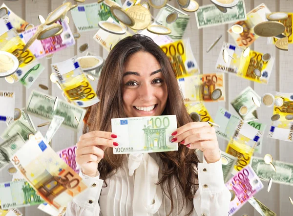 Businesswoman showing   euro banknote — Stock Photo, Image
