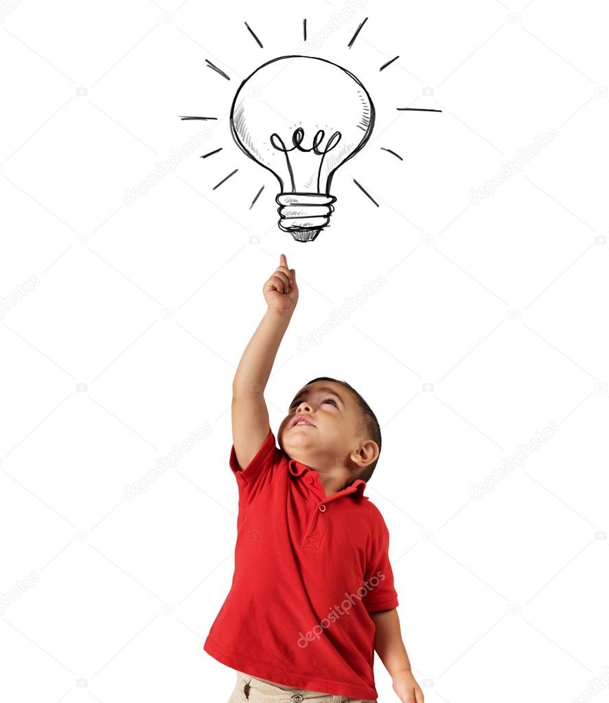 Child points a lightbulb 