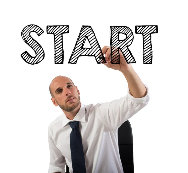 Empresário escrevendo a palavra start — Fotografia de Stock