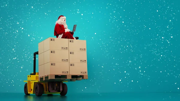 Санта-Клаус читает с ноутбука представляет запрос и коробки для доставки — стоковое фото