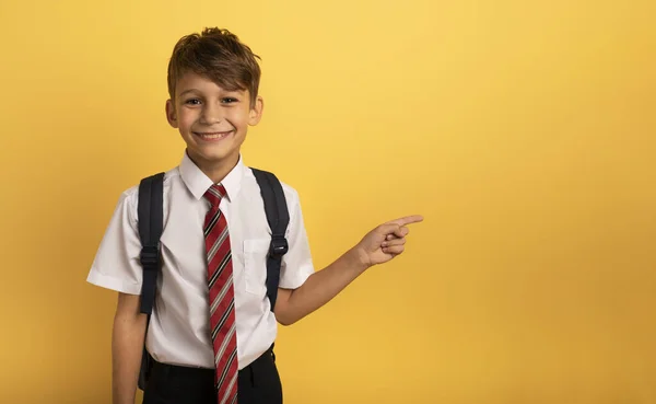Junger lächelnder Student deutet etwas mit der Hand an. gelber Hintergrund — Stockfoto