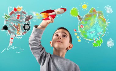 Child with a fast rocket migrates from polluted planet to a clean world. Cyan background clipart