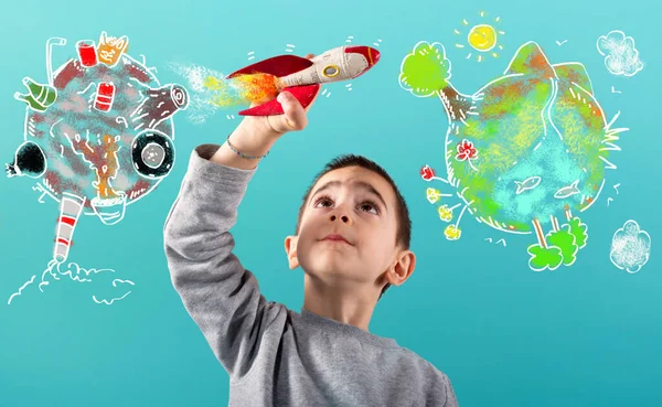Child with a fast rocket migrates from polluted planet to a clean world. Cyan background — Stock Photo, Image