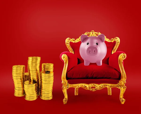 Comfortable red and golden armchair with a piggybank. Concept as premier savings service — Stock Photo, Image