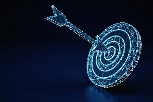 Concept of an illuminated wireframe digital arrow hit in the center a bullseye on dark blue background. 3D Rendering — Stock Photo, Image