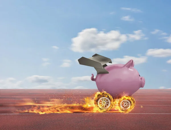 Piggy bank with wheel like a car runs fast on track. Concept of fast increse of money. — Stock Photo, Image
