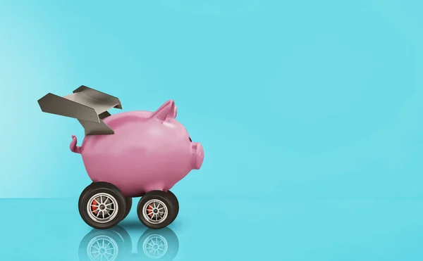 Piggy bank with wheel like a car. Concept of fast increse of money.cyan background — Stock Photo, Image