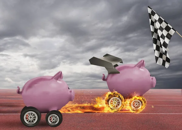 Piggy bank with wheel like a car wing against competitors. concept of fast increase of money. — Stock Photo, Image