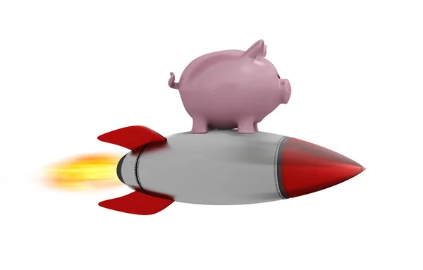 Piggy bank fly on a rocket. Concept of fast increase of money. Isolated on white background — Fotografia de Stock