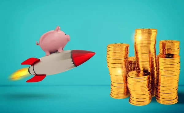 Piggy bank fly on a rocket to reach the golden coins. Concept of fast increase of money. — Fotografia de Stock