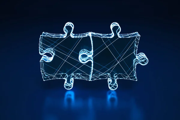 Wireframe iluminado de duas peças de quebra-cabeça conectadas no fundo azul escuro. Renderização 3D — Fotografia de Stock