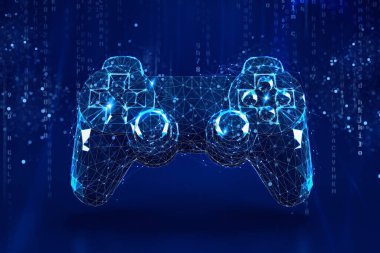 Koyu mavi arka planda bilgisayar oyunu joypad 'i konsepti. 3B Hazırlama