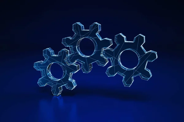 Illuminated wireframe of three gears on dark blue background. 3D Rendering — Stock Photo, Image