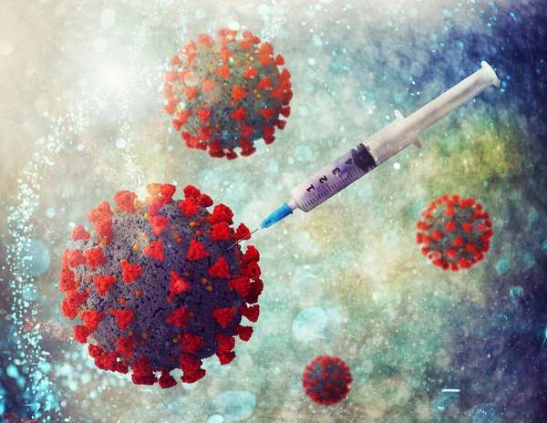 Syringe with vaccine for coronavirus covid 19. concept of cure from virus — Stock Photo, Image