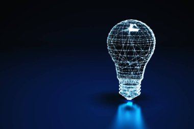 Illuminated wireframe of a bulb light on dark blue background. 3D Rendering clipart