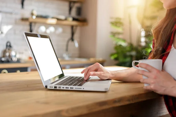 Mulher surfa na internet com seu laptop com uma tela branca. Ela trabalha em casa como inteligente trabalhando — Fotografia de Stock