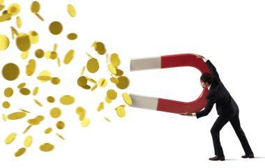 İşadamı büyük bir mıknatısla parayı yakalıyor. Başarı konsepti. Beyaz arkaplanda izole