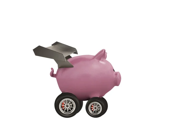 Piggy bank with wheel like a car. Concept of fast increse of money. Isolated on white background — Stock Photo, Image
