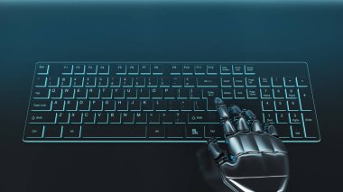 Geleceğin gri cyborg eli klavyede tuşa basıyor.