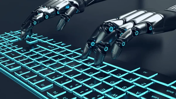 Robô futurista cinza metálico digitando em um teclado iluminado — Fotografia de Stock