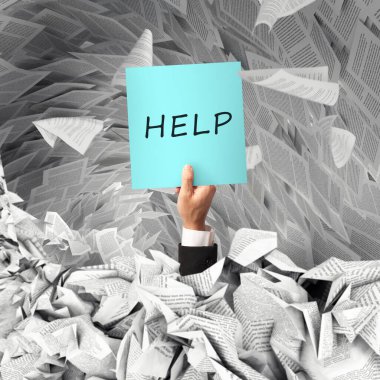 Evrak işleriyle boğuşan işçiler, batmakta olan bir tabelayla yardım istiyorlar.