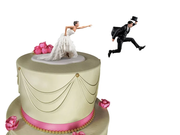 Man on the cake top escapes from marriage — Stock Photo, Image