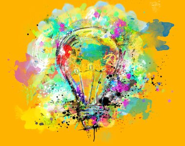 Sarı arka planda, renkli boya lekeleriyle çizilmiş büyük bir ampul. Yenilik ve yaratıcılık kavramı