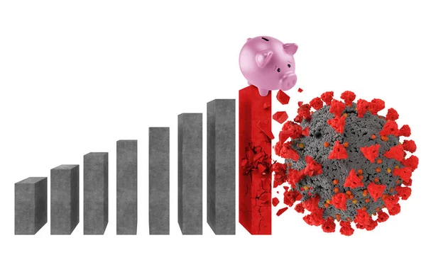 El virus Covid-19 destruye la estadística que contiene una alcancía. Concepto de crisis y recesión por pandemia. 3d renderizar — Foto de Stock