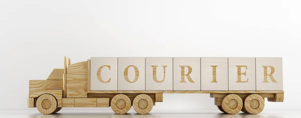 Leksakslastbil transporterar stora träkuber för att annonsera den tjänst som erbjuds — Stockfoto