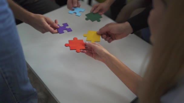 Travail d'équipe des partenaires. Concept d'intégration et de démarrage avec pièces de puzzle — Video