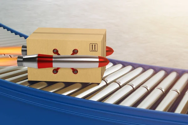 Package starts to fly fast like a rocket. concept of priority shipping. 3D Rendering — Stock Photo, Image