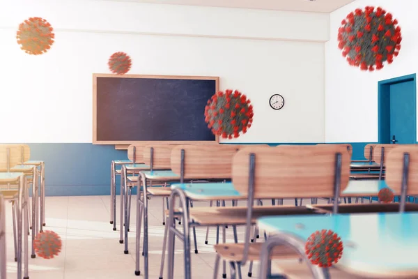 Blank classroom due to covid-19 pandemic. Concept of coronavirus emergency. 3D Rendering — Stock Photo, Image