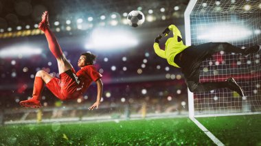 Kırmızı üniformalı bir futbolcu stadyumda topa akrobatik bir tekmeyle vuruyor.