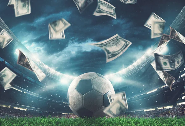 Les billets pleuvent sur le terrain de football. Les affaires dans le monde du sport — Photo